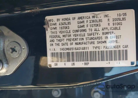 2006 Honda Accord Sdn Ex-L V6 from USA, damaged, VIN 1HGCM66516A014811